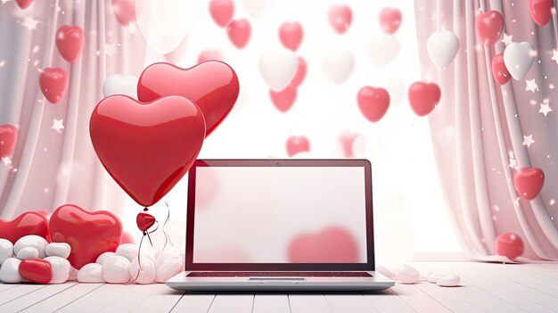 Foto laptop con una foto su un tavolo con una decorazione di san valentino con palloncini a forma di cuore petali e un bouquet di fiori saluti online festivi lavoro a distanza acquisti generati da ai