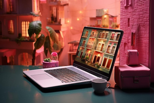 A laptop with a pink background and a cup of coffee and a pink box.