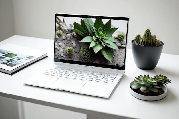 A laptop with a plant on the screen