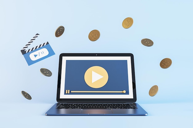 Фото Ноутбук с интерфейсом кнопки воспроизведения и плавающей концепцией монет на светло-синем фоне онлайн-поток доходов 3d-рендеринг