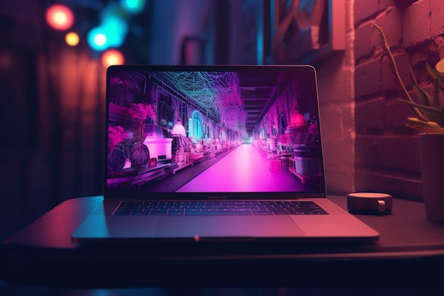 Photo a laptop with a purple background and the screen is lit up.