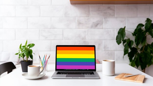 A laptop with a rainbow flag on the screen