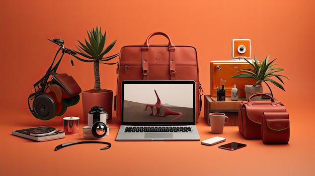 a laptop with a red handbag on the screen and a picture of a woman on the screen.