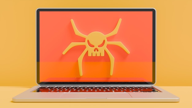 Фото Ноутбук с красным экраном и предупреждением о компьютерном вирусе на желтом изолированном этапе 3d-рендеринга