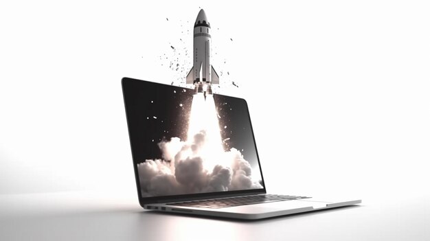 A laptop with a rocket coming out of it