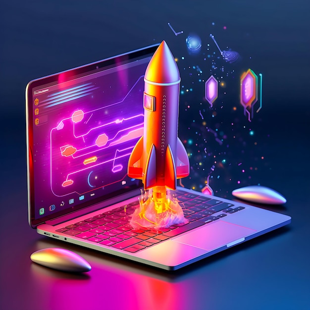 A laptop with a rocket coming out of it