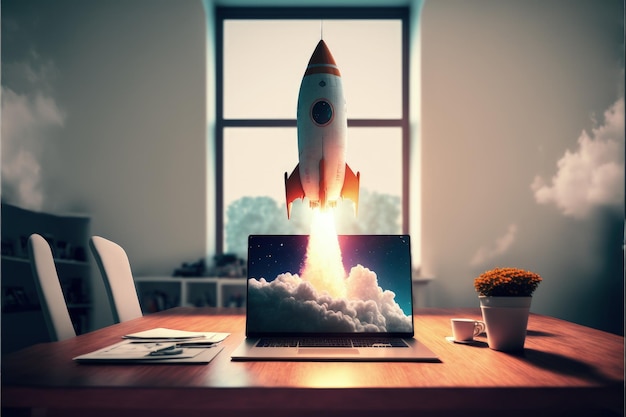 Laptop with rocket coming out of the screen on top of office desk startup concept Generative AI