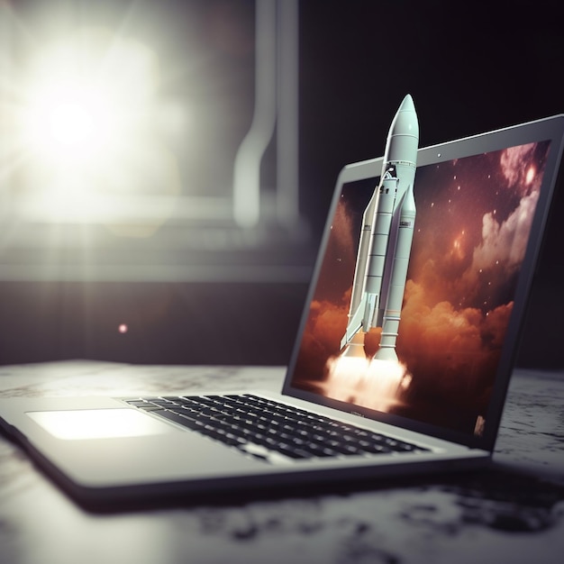 Photo a laptop with a rocket on the screen and a picture of a rocket on the screen.