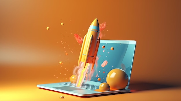 Laptop with a rocket taking off Concept of earning money online working in digital business entrepreneurship cryptocurrency investment digital marketing AI Generate