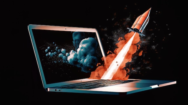 Foto laptop con un razzo che decolla concetto di guadagnare denaro online lavorando nel business digitale imprenditorialità criptovaluta investimento marketing digitale ai genera