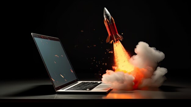 Laptop with a rocket taking off Concept of earning money online working in digital business entrepreneurship cryptocurrency investment digital marketing AI Generate