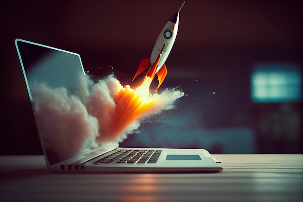 Laptop with a rocket taking off Concept of earning money online working in digital business entrepreneurship cryptocurrency investment digital marketing Generative AI