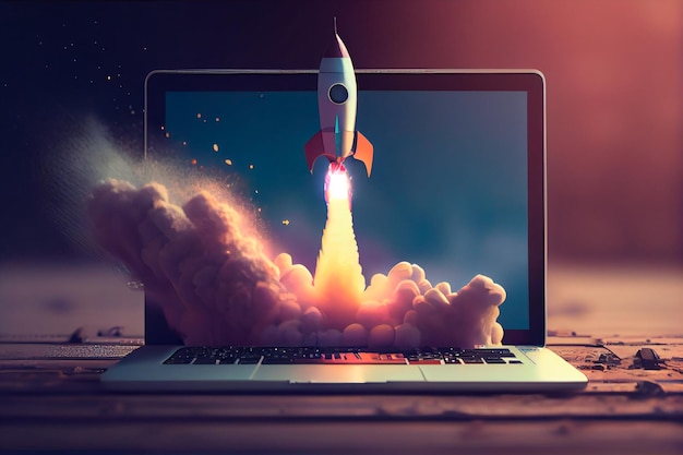 Laptop with a rocket taking off Concept of earning money online working in digital business entrepreneurship cryptocurrency investment digital marketing Generative AI