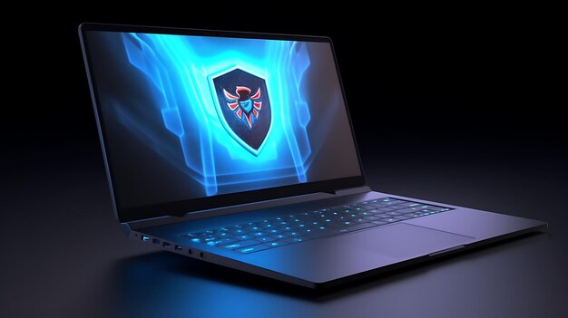 Photo laptop with shield cyber security concept ai generative