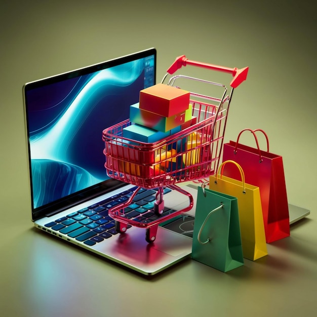 a laptop with a shopping cart on it and a shopping cart with a shopping cart in the background