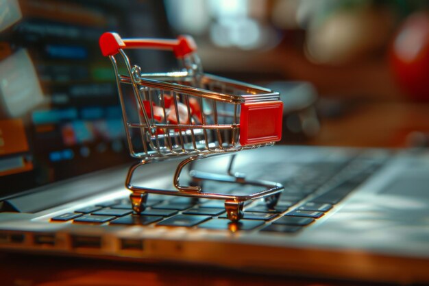 Photo laptop with shopping cart retail ecommerce online store buy sale marketing purchase decision