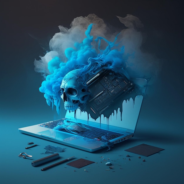 A laptop with a skull on it that is covered in smoke ai generated