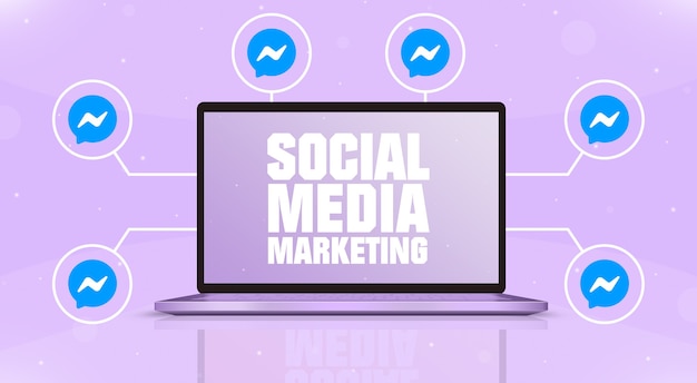 Laptop with social media marketing on the screen and messenger logo icons around 3d