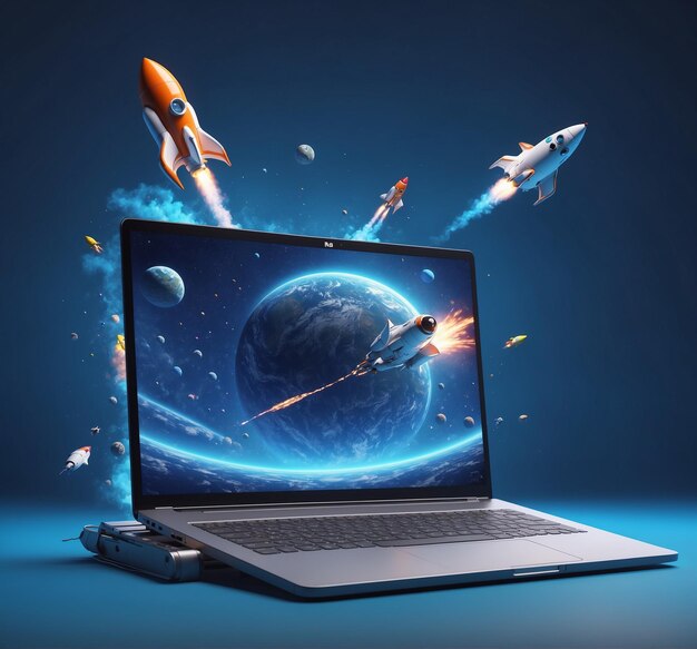 a laptop with a space shuttle on the screen and a space shuttle in the background