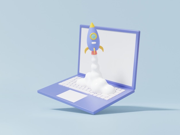 Laptop with Spaceship rocket spewing smoke Business startup learning education concept future innovation on sky blue background cartoon minimal 3d render illustration