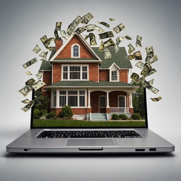 Foto un portatile con una casa a un piano visualizzata sullo schermo è impostato sullo sfondo di numerosi dollari