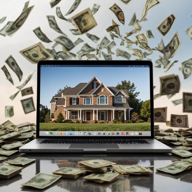 Foto un portatile con una casa a un piano visualizzata sullo schermo è impostato sullo sfondo di numerosi dollari