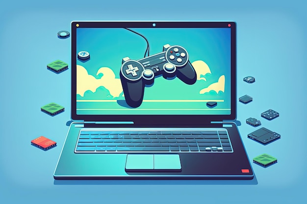Foto computer portatile con controller per videogiochi sullo schermo isolato su sfondo blu design piatto illustrazione ai