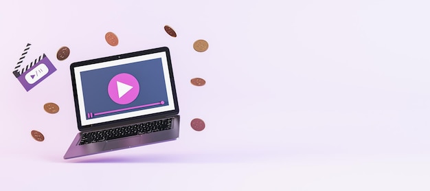 Ноутбук с воспроизведением видео и монеты на фиолетовом фоне Поток концепции дохода 3D-рендеринг