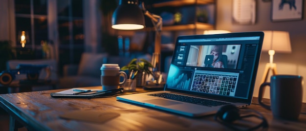 화면에 표시된 비디오 스트리밍 플랫폼을 가진 노트북 컴퓨터 커피 컵 헤드폰과 노트북을 가진 테이블 밤에 크리에이티브 오피스