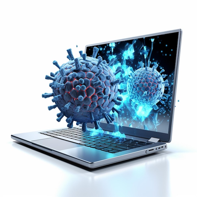 ноутбук с вирусом на экране и экран, показывающий вирус