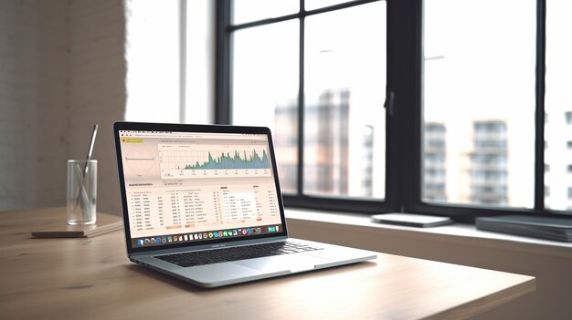 a laptop with a wall chart loaded on it is positioned on an empty table in a welllit office the generative ai