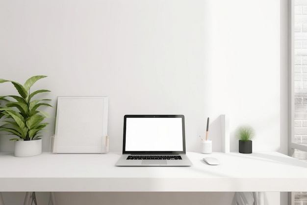 A laptop with a white screen is on a desk.