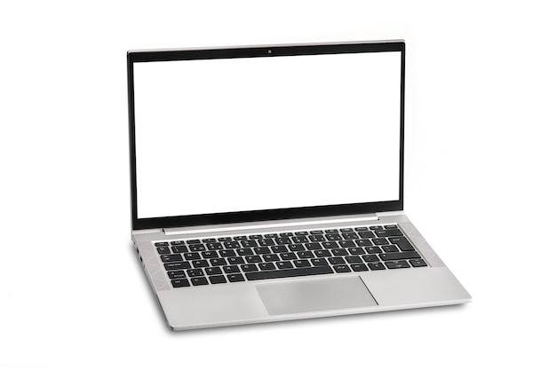写真 白い画面のノートパソコン。孤立。