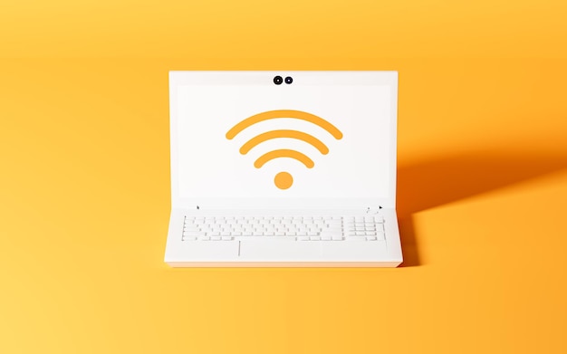 사진 노란색 배경 3d 렌더링으로 wifi 아이콘이 있는 노트북