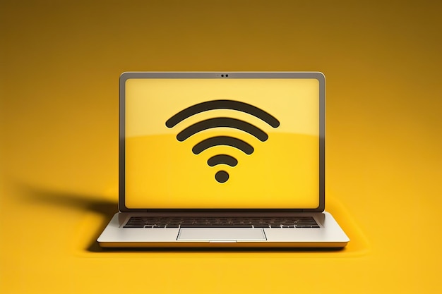 Foto laptop con segnale wi-fi sullo schermo sullo sfondo giallo concetto tecnologico generative ai