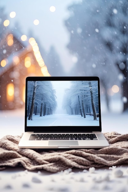 Laptop with with winter landscape wallpaper in outdoor in the snow with a cozy blanket