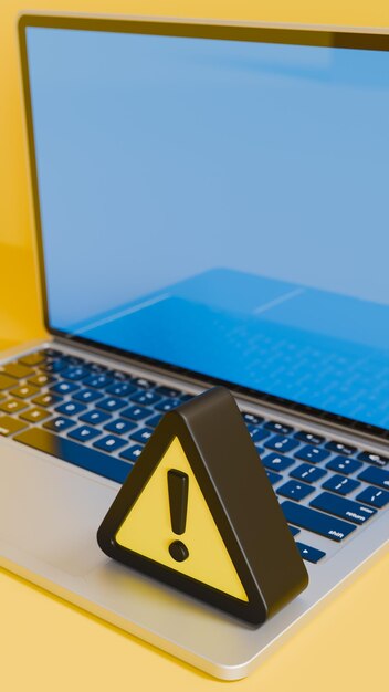 노란색 경고 아이콘이 있는 노트북은 키보드 근처에 고립된 무대 보호 및 주의 테마입니다.