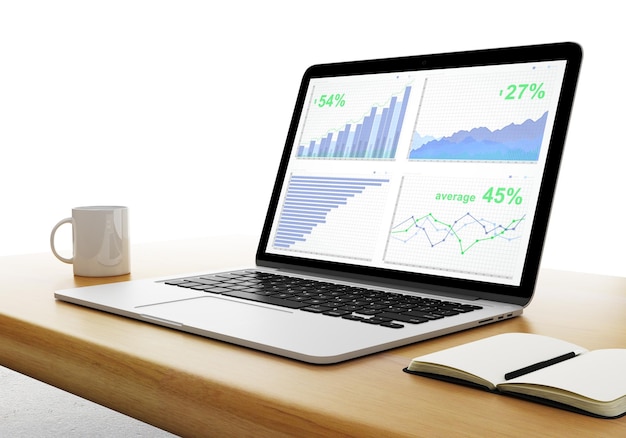 Laptop on a wooden desk with financial statistics 3D Rendering