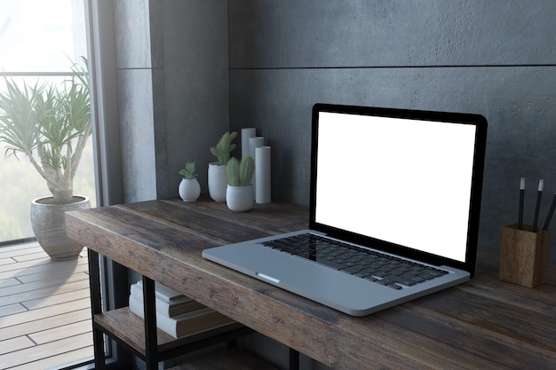 Laptop on wooden desktop with white screen 3d rendering