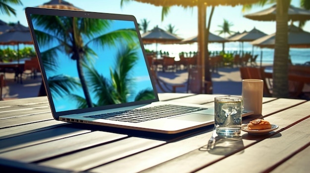 laptop on wooden table on the beach tropical sea vacation resort online job