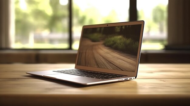 Foto computer portatile su un tavolo di legno in un bar con uno sfondo sfocato ia generativa