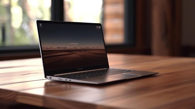 Foto computer portatile su un tavolo di legno in un bar con uno sfondo sfocato ia generativa