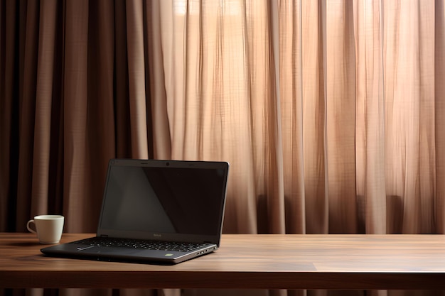 A Laptop On a Wooden Table and Desk Top In The Style Of Minimalist