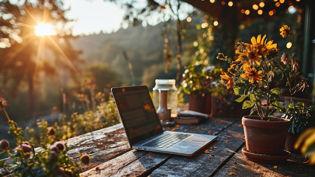 Photo laptop on a wooden table in the garden at sunset work from home concept