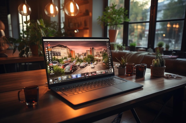 The laptop on the wooden table gear of a freelance Blogger