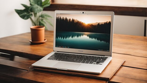 Laptop on Wooden Table A Minimalistic Stock Photo