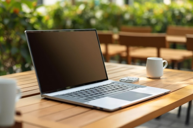 A laptop on a wooden table with a cup of coffee on it.