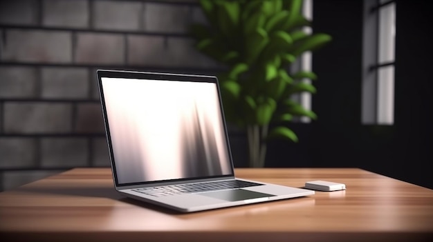 A laptop on a wooden table with a green plant in the background laptop mockup concept