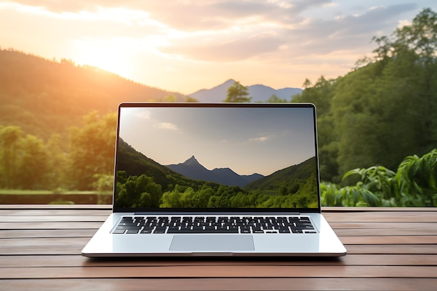 해가 뜨는 산과 호수의 배경으로 나무 테이블에 노트북.