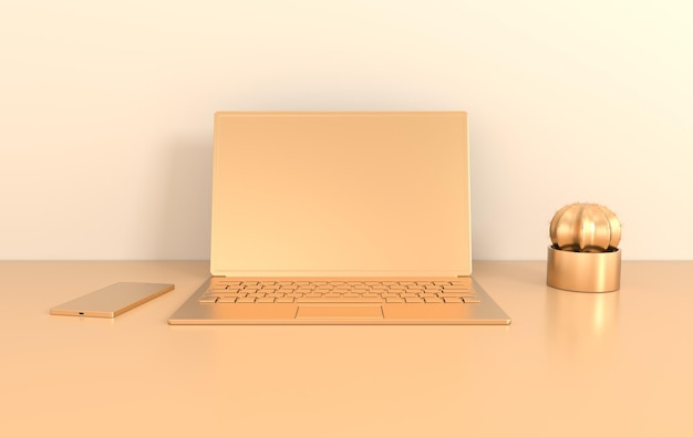 Laptop on work desk mockup background. Notebook 3d render